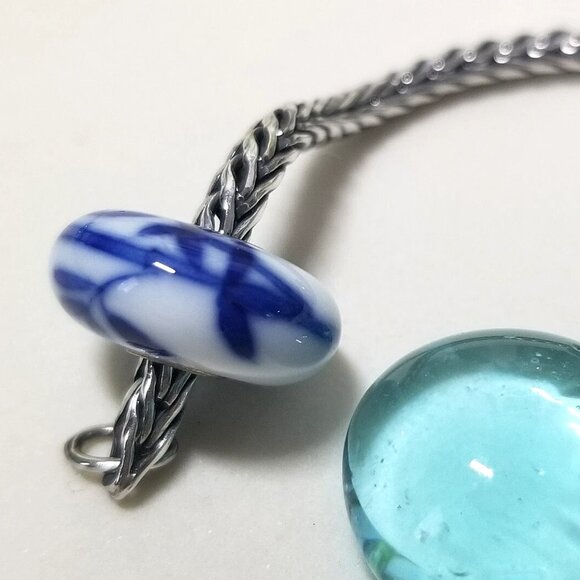 Authentic Trollbeads Brush of Blue Porcelain Bead Charm Sterling Silver Bamboo - Picture 1 of 7